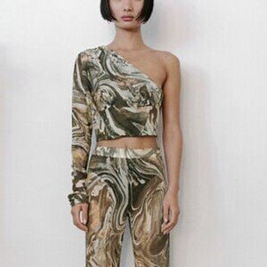 ZARA ASYMMETRICAL TULLE CORSETRY CROP TOP SZ XS 4661 433 120 One Sleeve